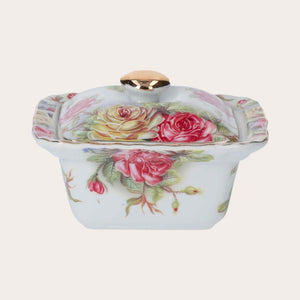 Scatola in Porcellana con Rose e Coperchio Dorato – Elegante Portaoggetti Decorativo