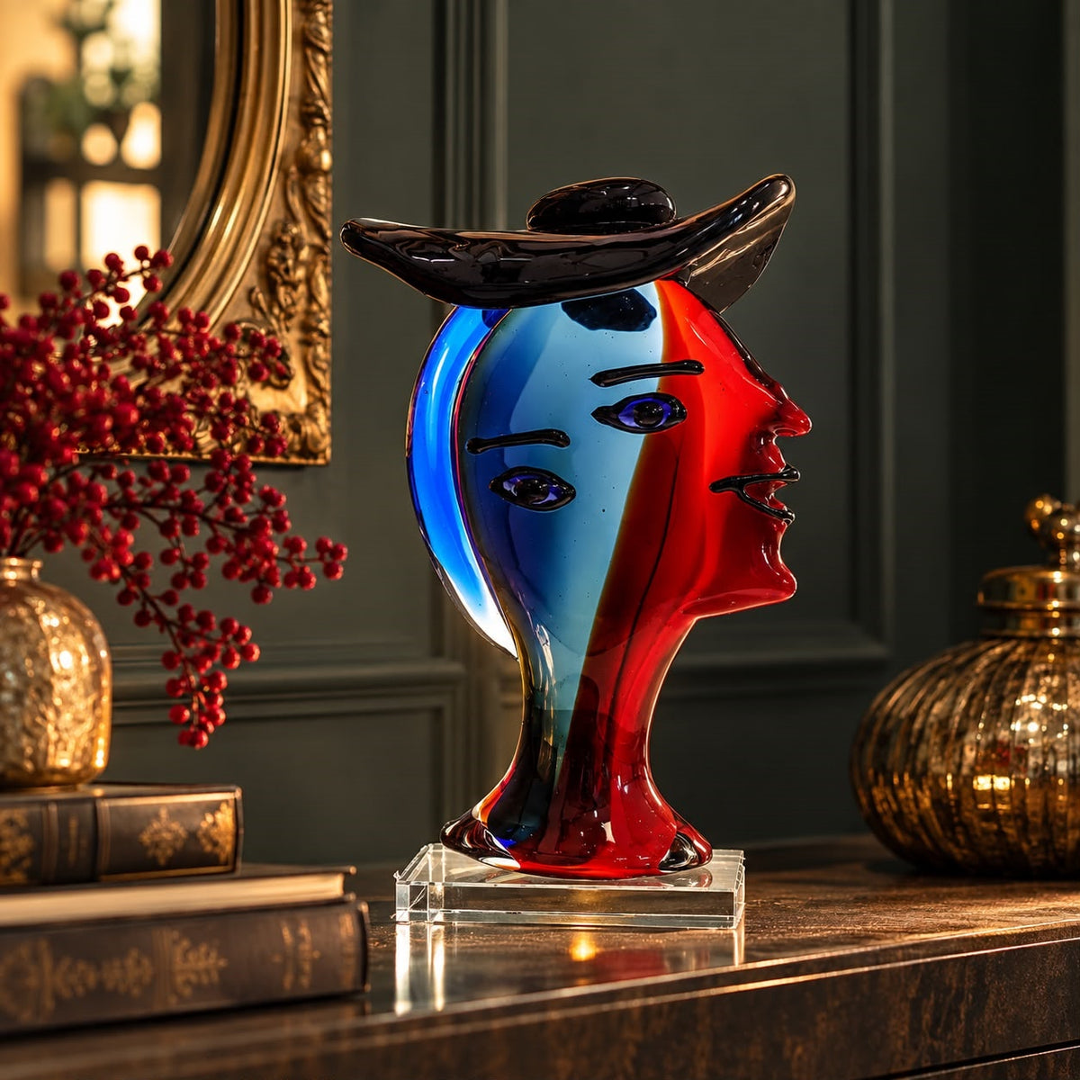 Sculpture Woman with Hat in Red, Blue, Black Solid Glass H.32 cm