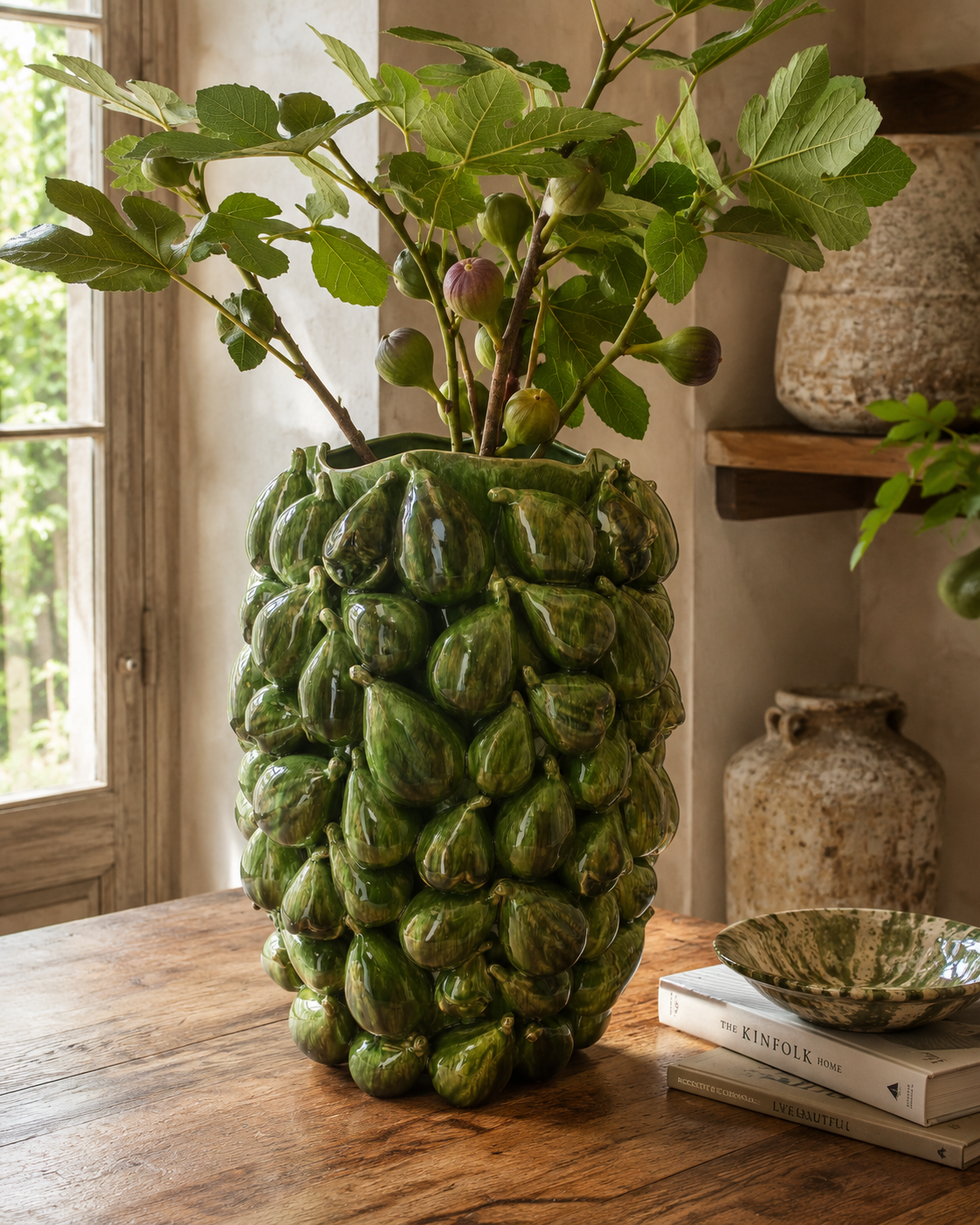 Vaso decorativo Fichi in ceramica verde lucida H.43ר30 cm