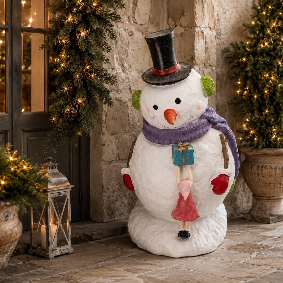 Pupazzo di Neve con Bambina in Resina H.89 cm