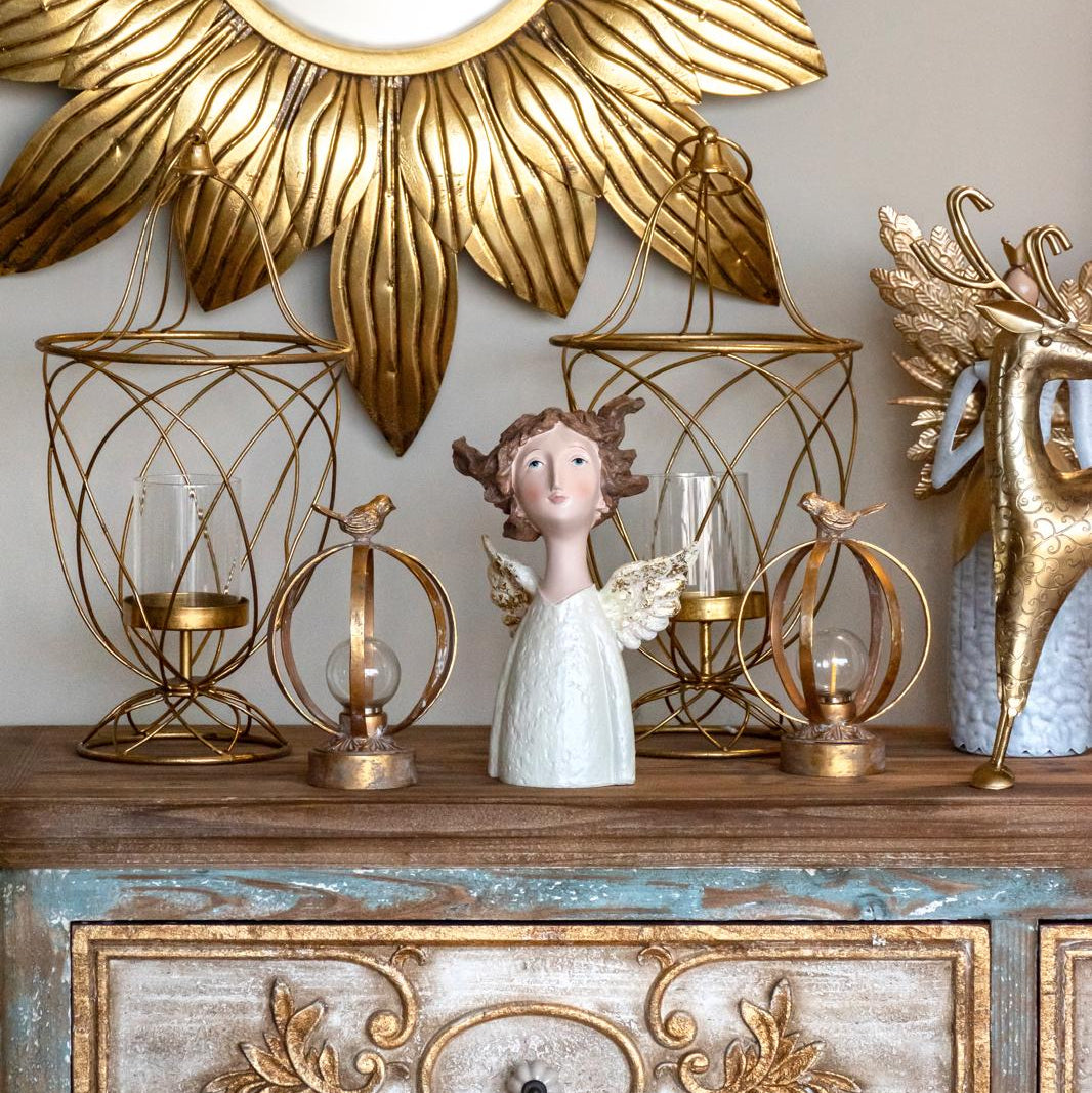 Angel Statue with Golden Wings in White Resin H. 26 cm