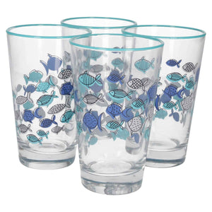 Set 4 Bicchieri in Vetro Decorati con Pesci Blu – Set Elegante per la Tavola Estiva