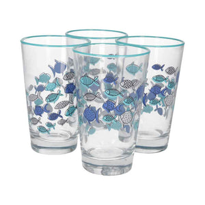 Set 4 Bicchieri in Vetro Decorati con Pesci Blu – Set Elegante per la Tavola Estiva