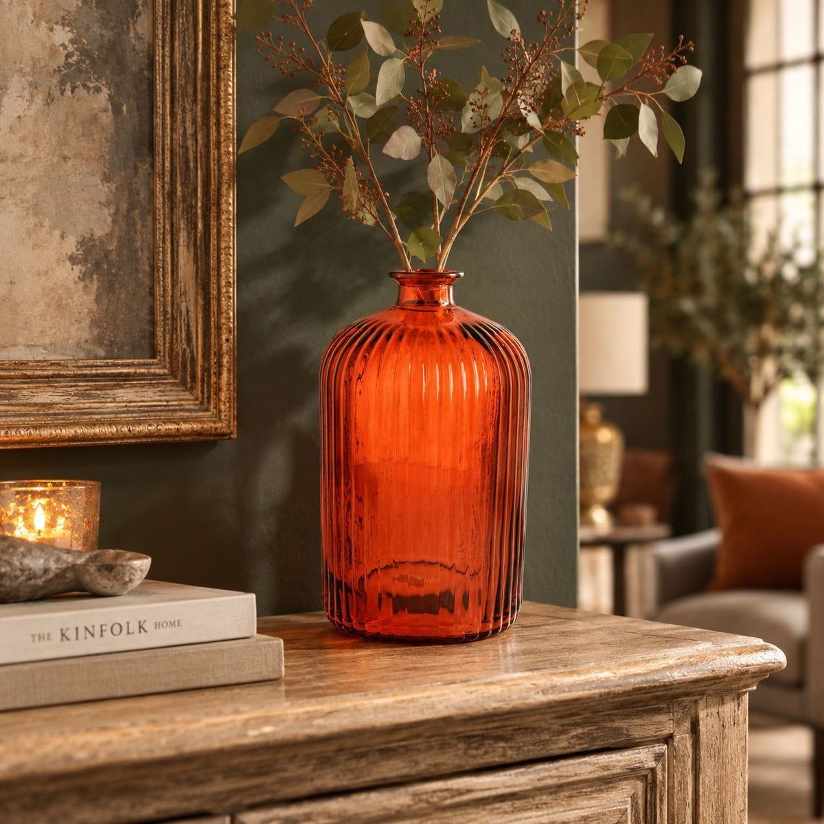 Ribbed Glass Bottle (14x23cm) - Orange