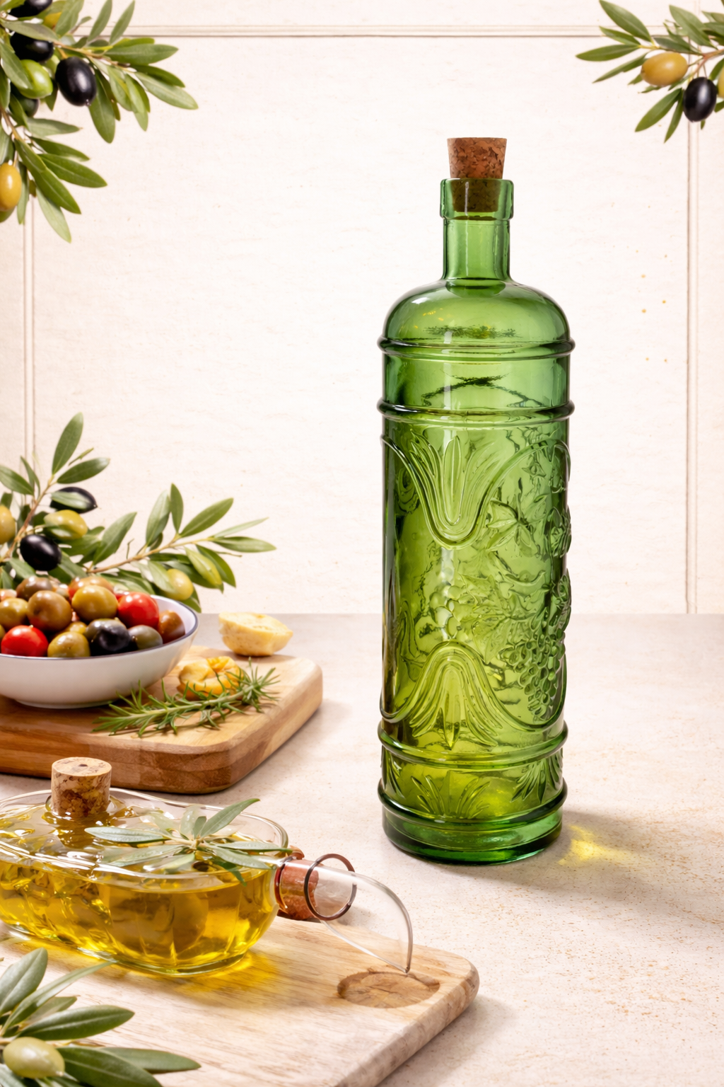 Bottiglia in vetro verde con tappo in sughero H.30x8 cm