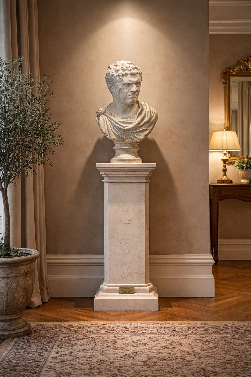 Busto Romano decorazione di arredo in Resina Bianca con Finiture Anticate ,Altezza 66 cm