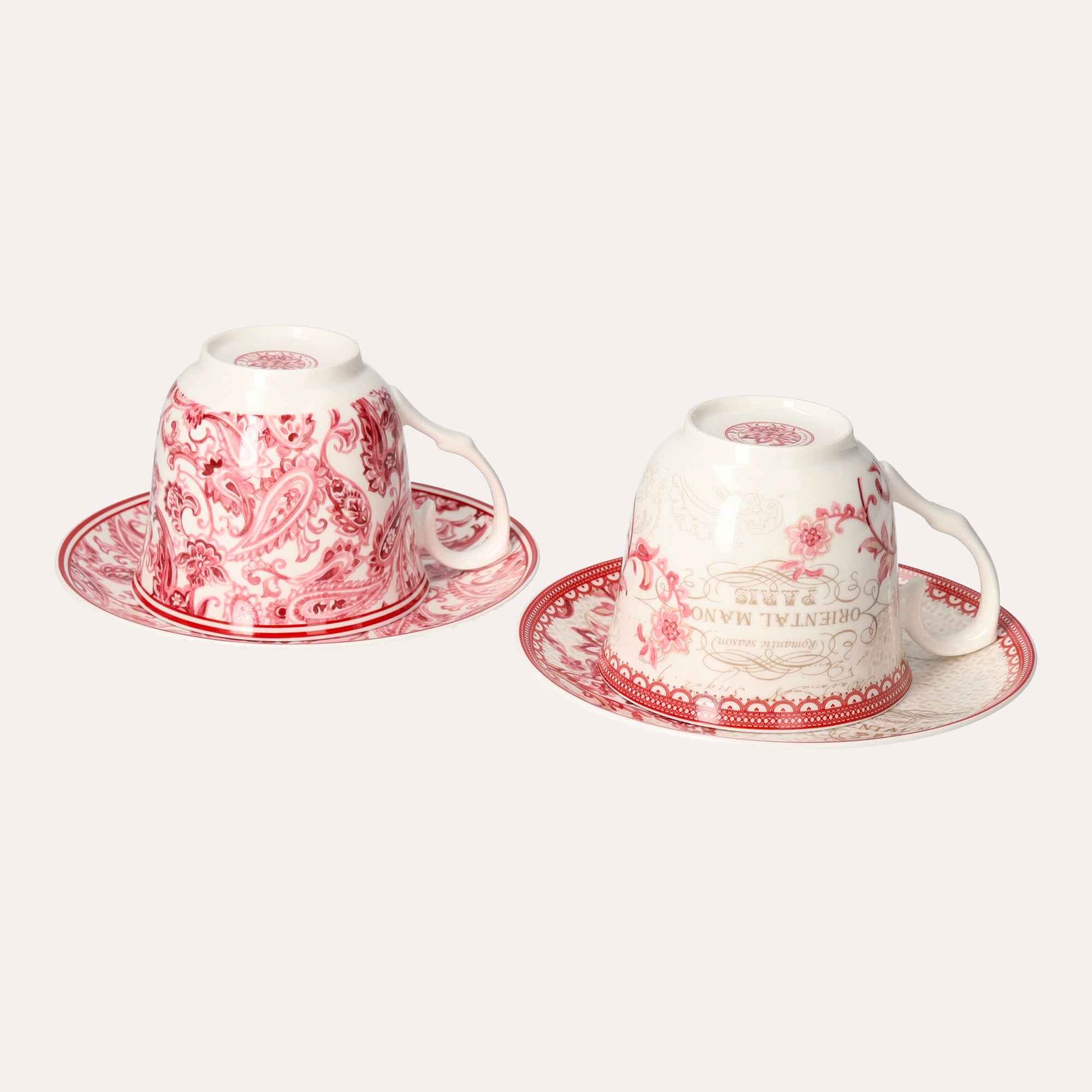 Set 2 Tazze con Piattino in Porcellana Decorata Rosso – Stile Classico