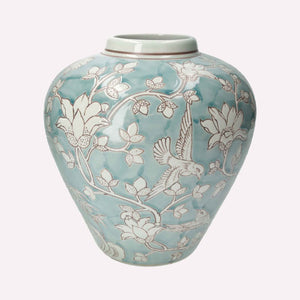 Vaso Elegante in Porcellana Verde Marino con Arabesque Bianchi