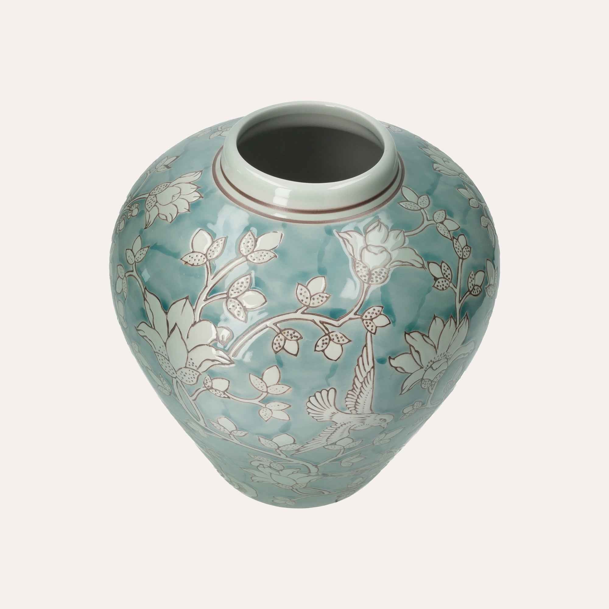 Vaso Elegante in Porcellana Verde Marino con Arabesque Bianchi