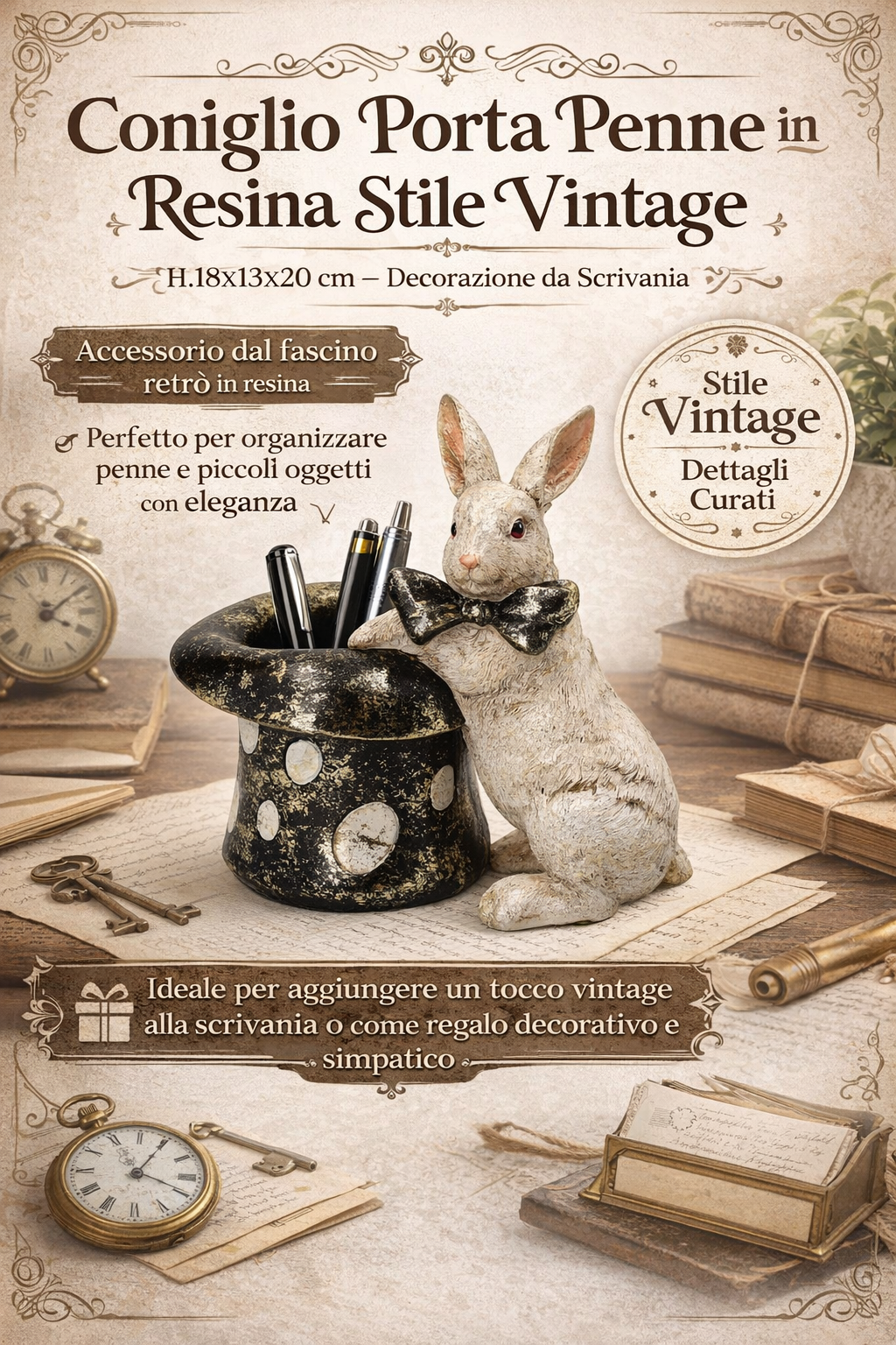 Coniglio Porta Penne in Resina Stile Vintage H.18x13x20 cm – Decorazione da Scrivania