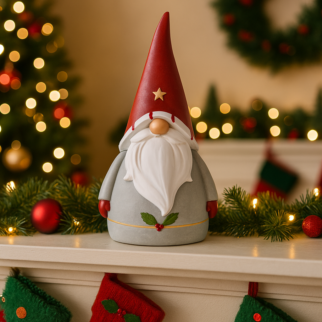 Christmas Gnome with Gray Tunic and Golden Star for Decorations