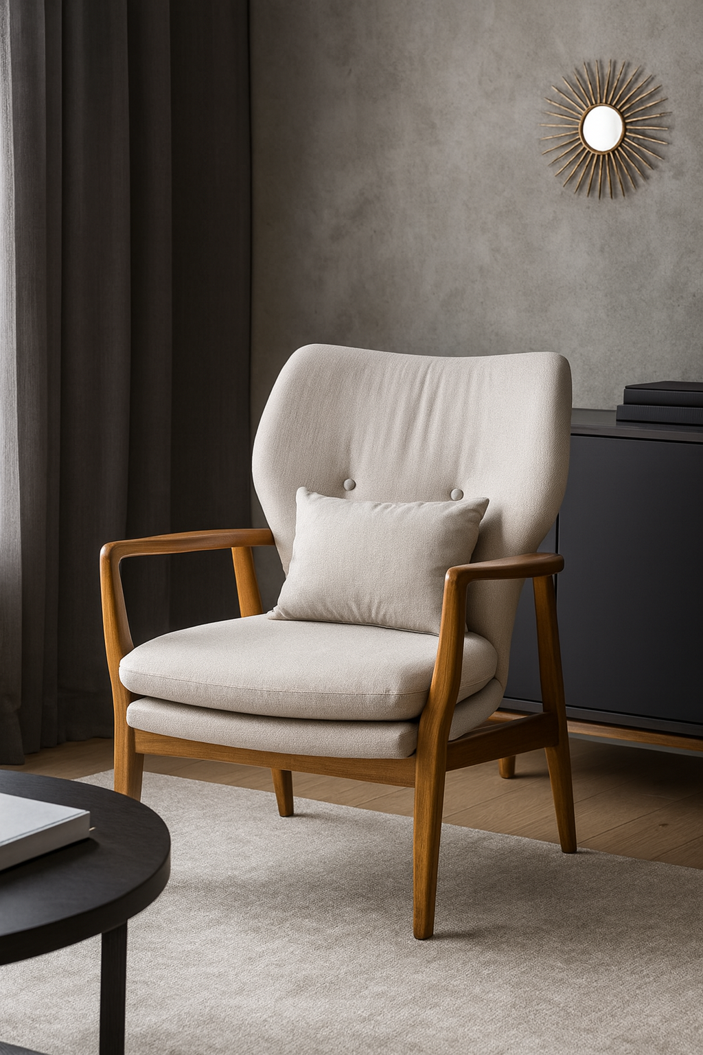 Nordic Beige Fabric Armchair with Wooden Frame