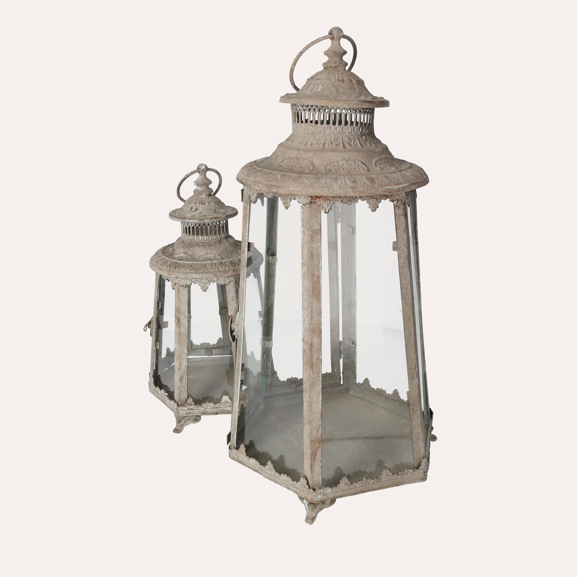 Set di 2 Lanterne Decorative in Ferro Grigio con Vetri per Interni ed Esterni, H 45 cm