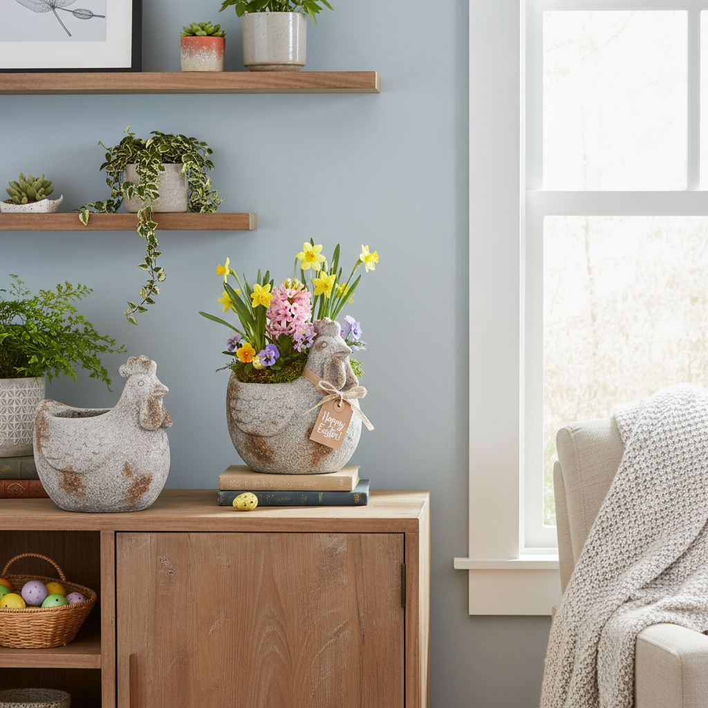 Grey Hen-Shaped Resin Vase with Stone Effect, Easter Decoration