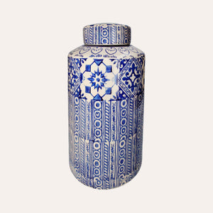 Potiche Elegante in Ceramica Beige con Decori Blu