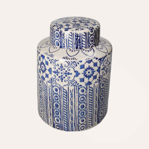 Potiche Elegante in Ceramica Beige con Decori Blu