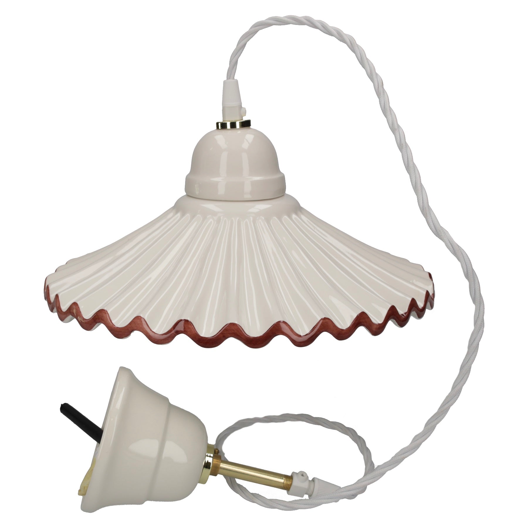 Lampadario Rustico Ceramica Bianca con Bordo Marrone e Treccia Ø 30 cm