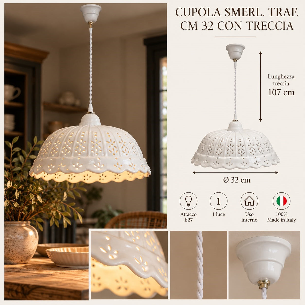 Rustic Openwork Chandelier in White Ceramic Ø. 32cm