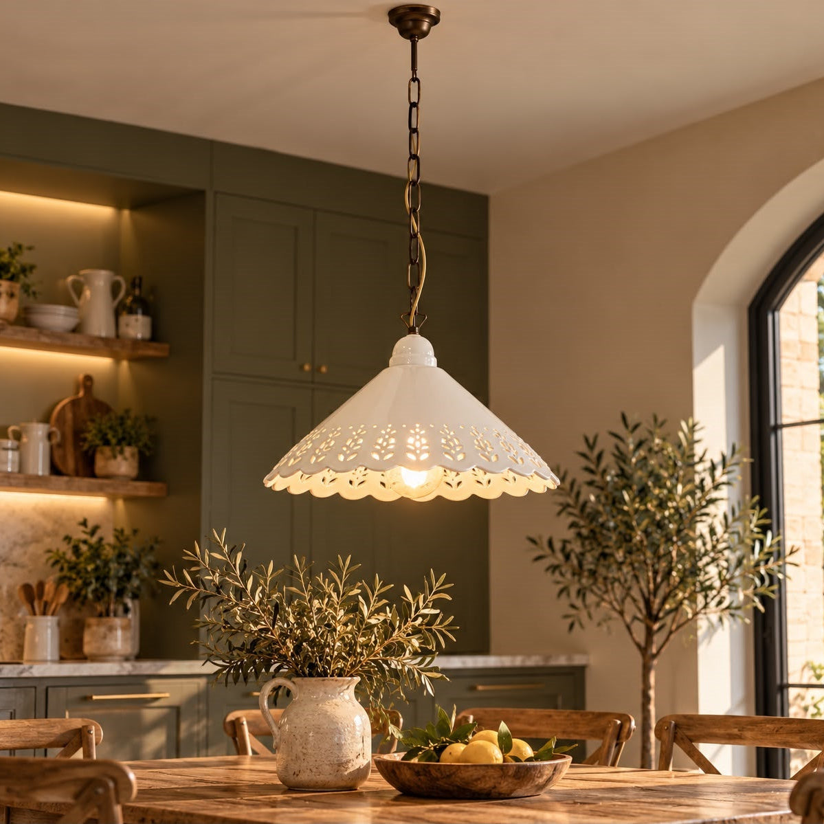 Rustic chandelier in perforated white ceramic Ø 40 cm