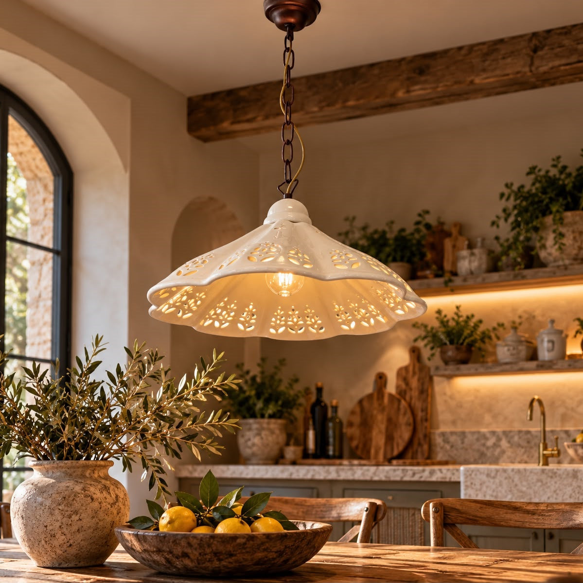 Openwork Chandelier with White Ceramic Chain Ø. 38cm