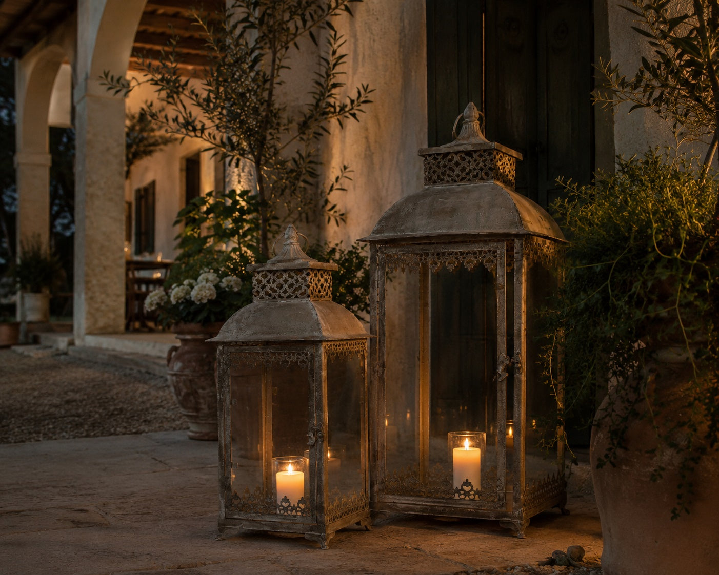 Set of 2 Gray Iron Lanterns with Protective Glass