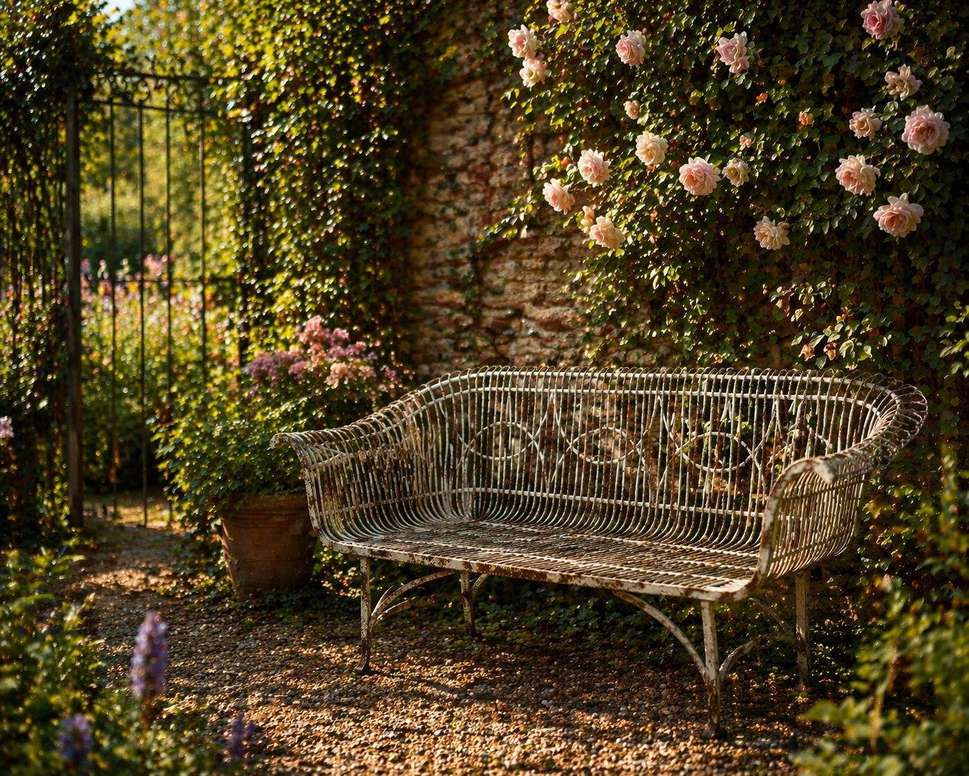 Panchina da Giardino in Ferro Bianco con Dettagli Anticati 177x52xH.77 cm