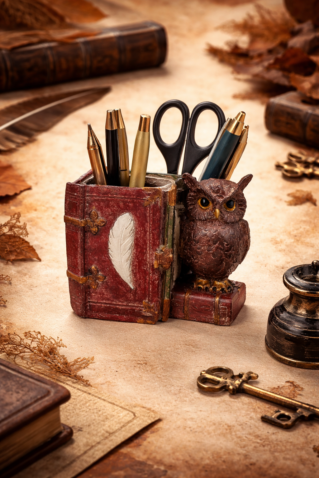 Porta Penne Civetta in Resina H.12 cm – Decorazione da Scrivania