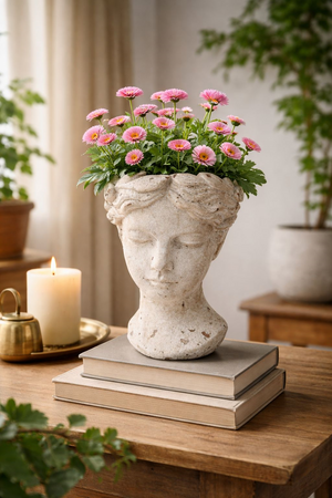 Testa Decorativa Porta Piante in Resina Bianca , Altezza cm 35