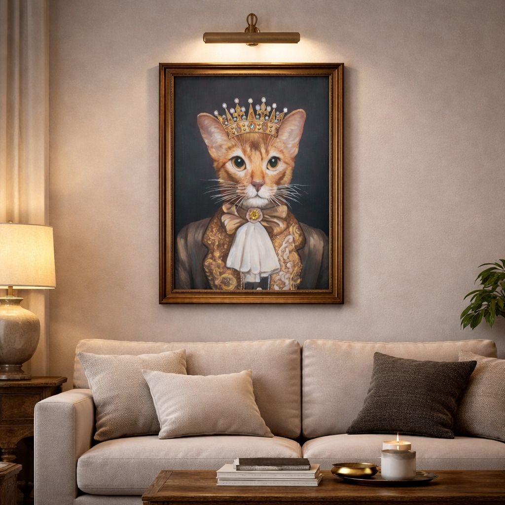 Quadro Gatto con Corona Stile Vintage con Cornice in Legno