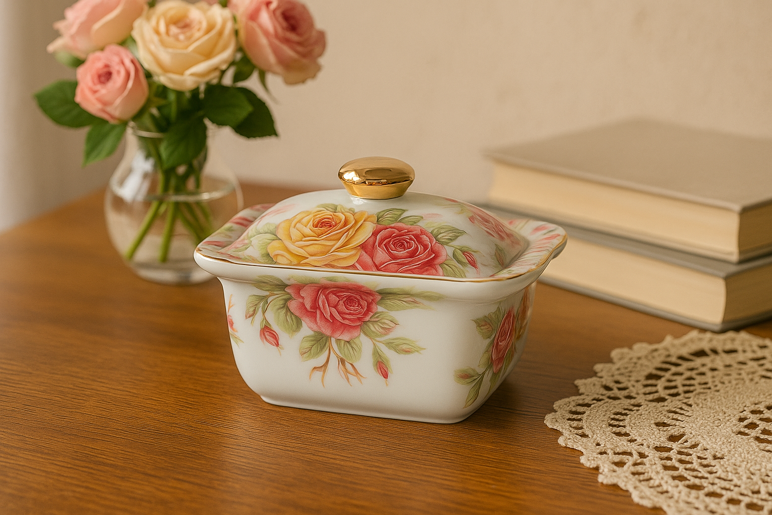 Scatola in Porcellana con Rose e Coperchio Dorato – Elegante Portaoggetti Decorativo