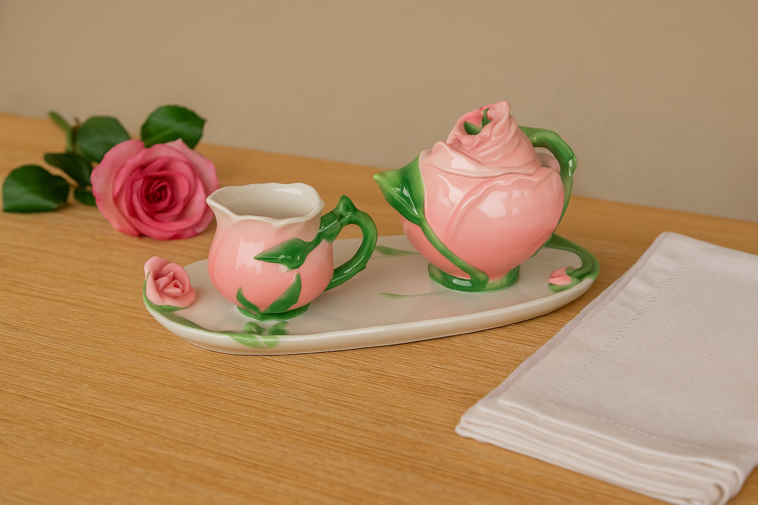 Pink Decorated Ceramic Sugar Bowl and Milk Jug Set