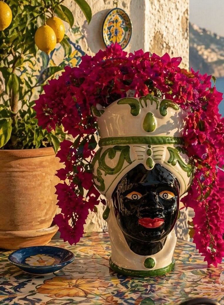 Vaso testa donna verde small H20 cm Ø14 – Vaso decorativo in ceramica Made in Italy stile veneziano