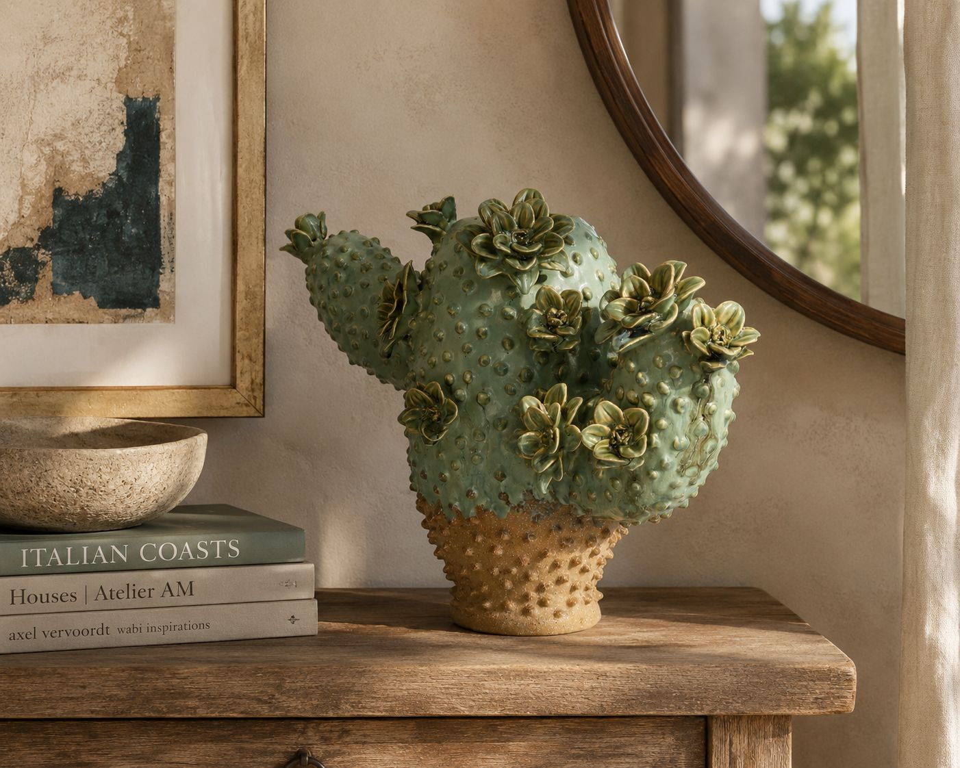 Vaso Cactus in ceramica verde con dettagli floreali H.26×34×15,5 cm