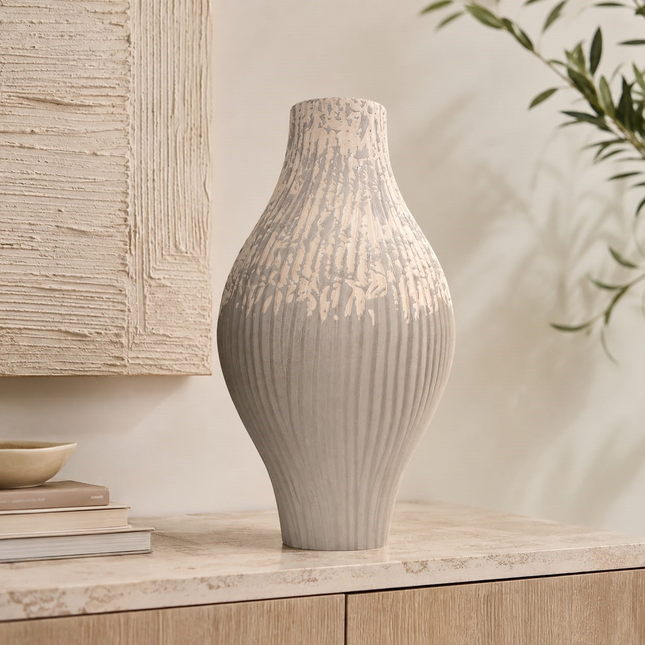 Vaso in cercamica con Coste bianco e grigio h.50 cm