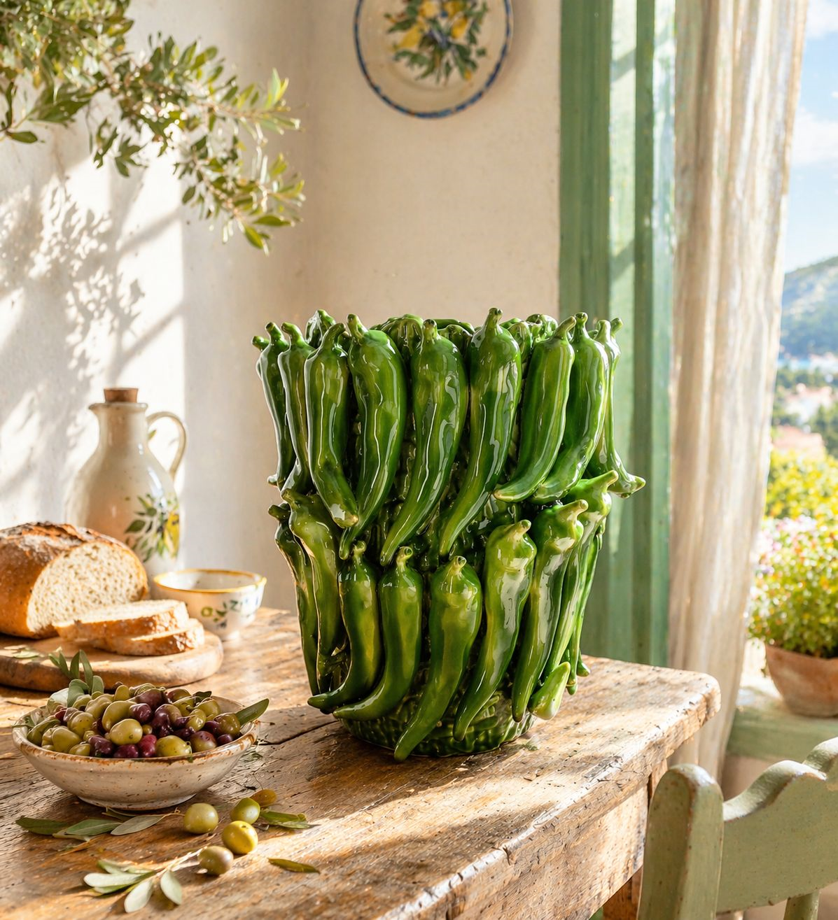 Vaso peperoncini in ceramica verde lucida H.31 D.28 cm
