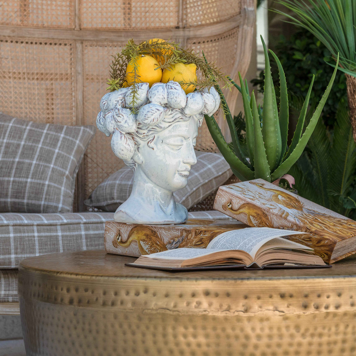 White Artisan Ceramic Testa Vase with Lemons - Home and Garden Furnishings