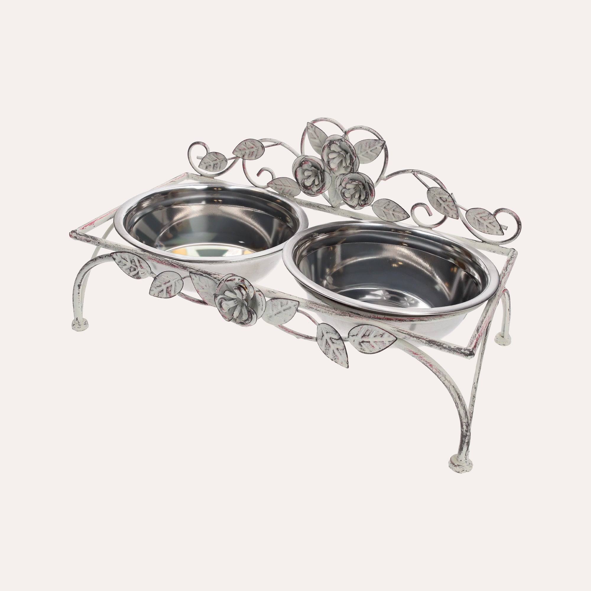 Stainless Steel Bowl Set for Dogs and Cats with Rose-Decorated Stand