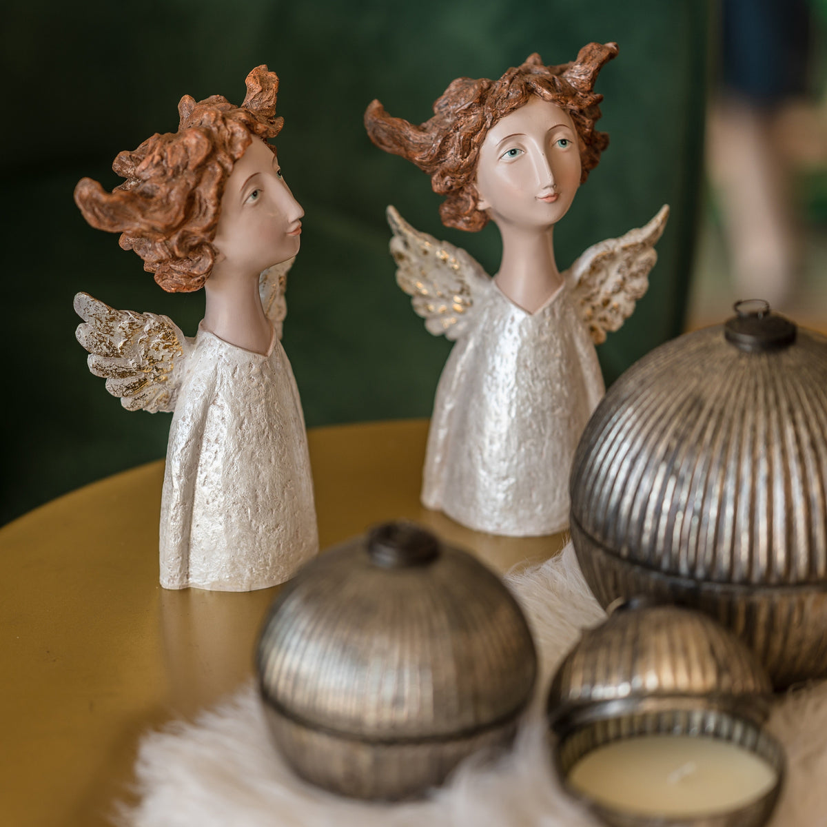 Decorative Angel Statue in White Resin with Golden Wings