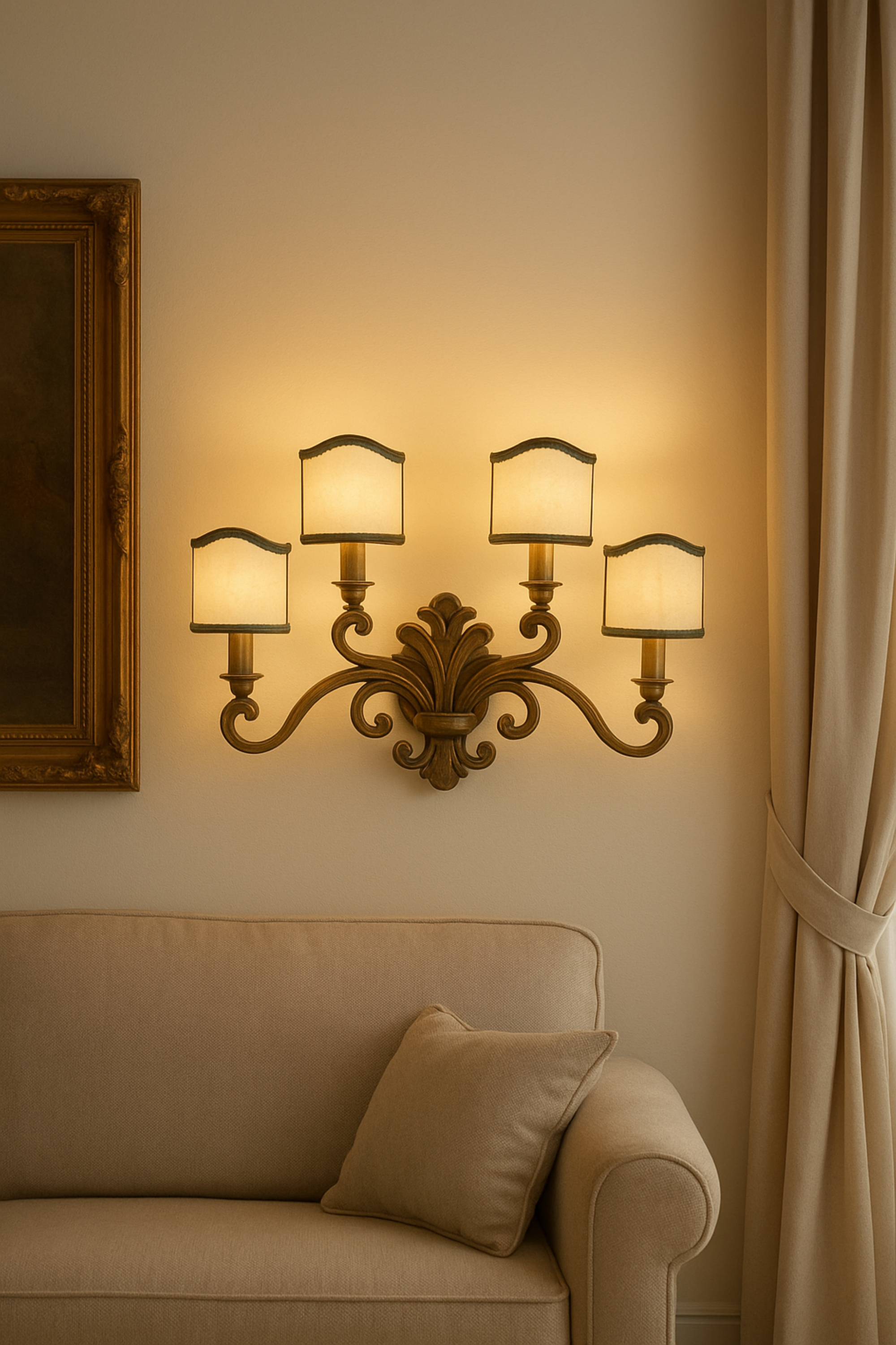 Four-Light Brass Wall Sconce, Elegant Lighting with Green Fans