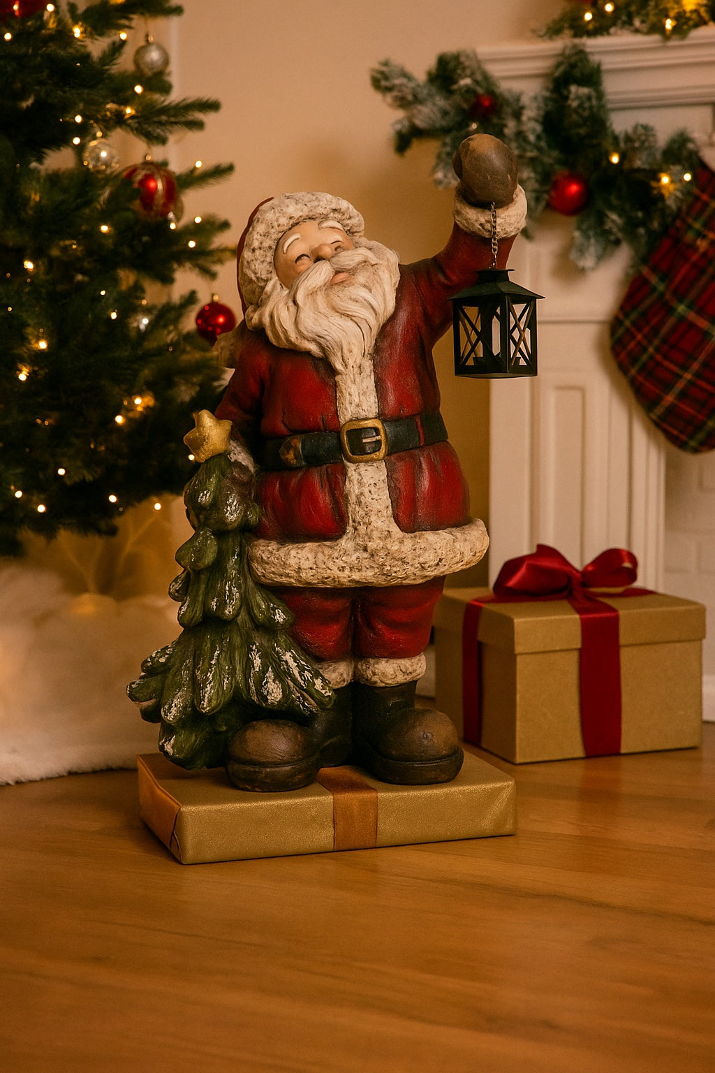 Santa Claus with Pine Tree and Resin Lantern – Christmas Decoration