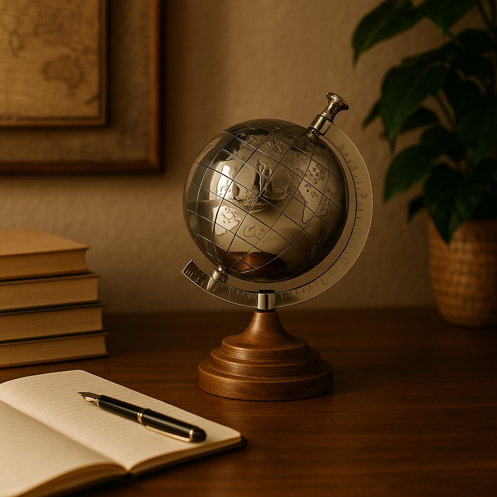 Decorative metal globe with wooden base, ornament for desks and shelves, H 28 x D 20 cm