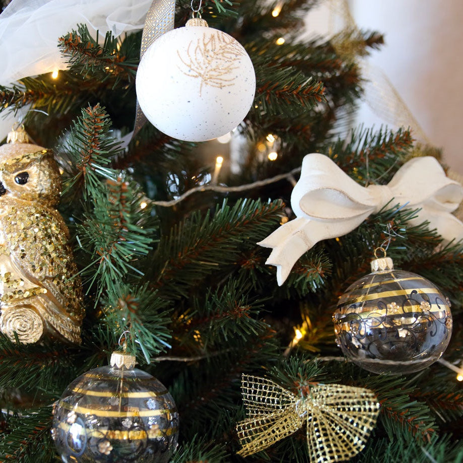 Set of 4 Transparent Glass Christmas Baubles with Black and Gold Decorations