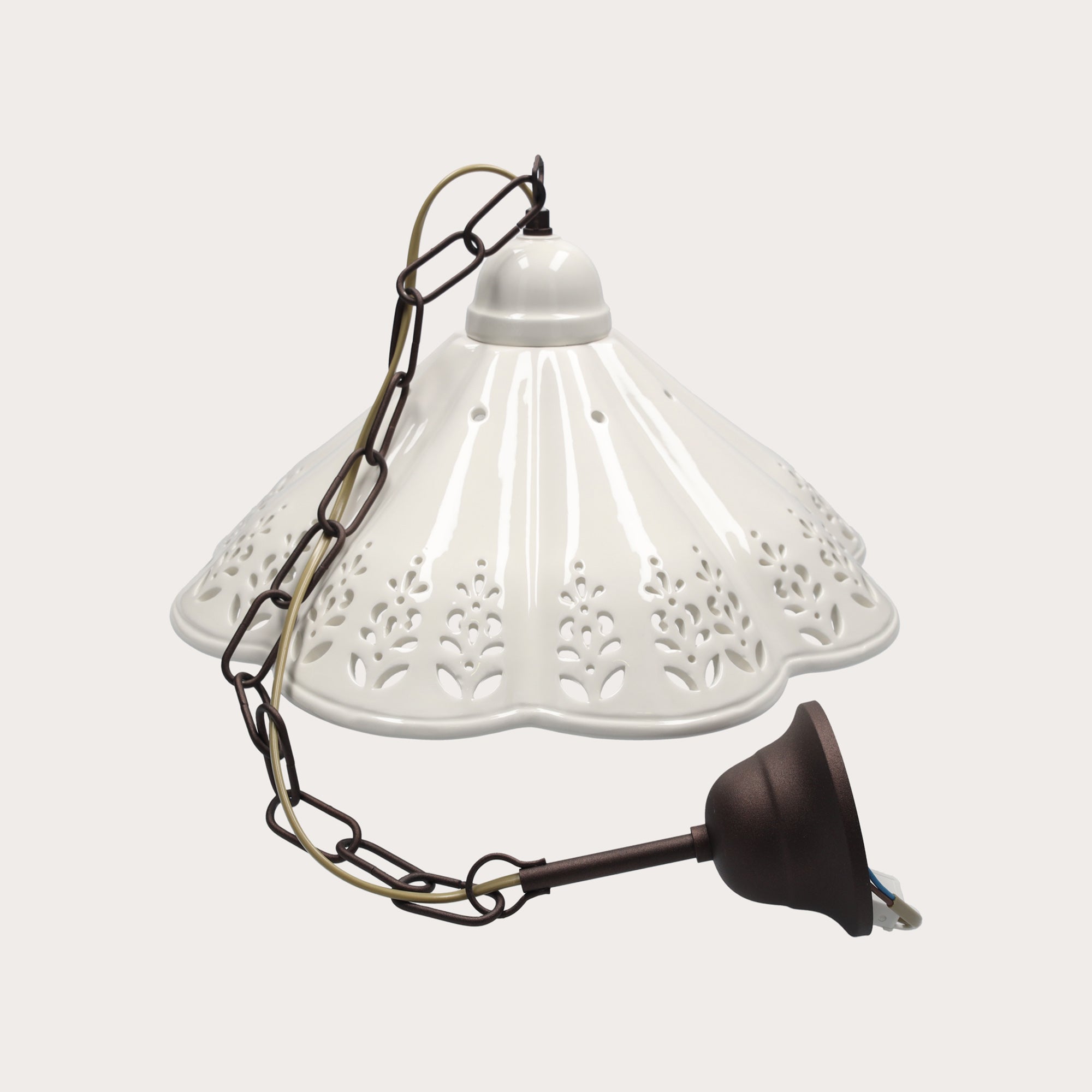 Lampadario a Sospensione Ceramica Bianca Traforata Ø 38 cm con Catena