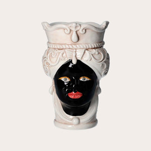 Vaso Testa di Moro Donna Piccolo in Ceramica Beige/Nero – Artigianato Made in Italy
