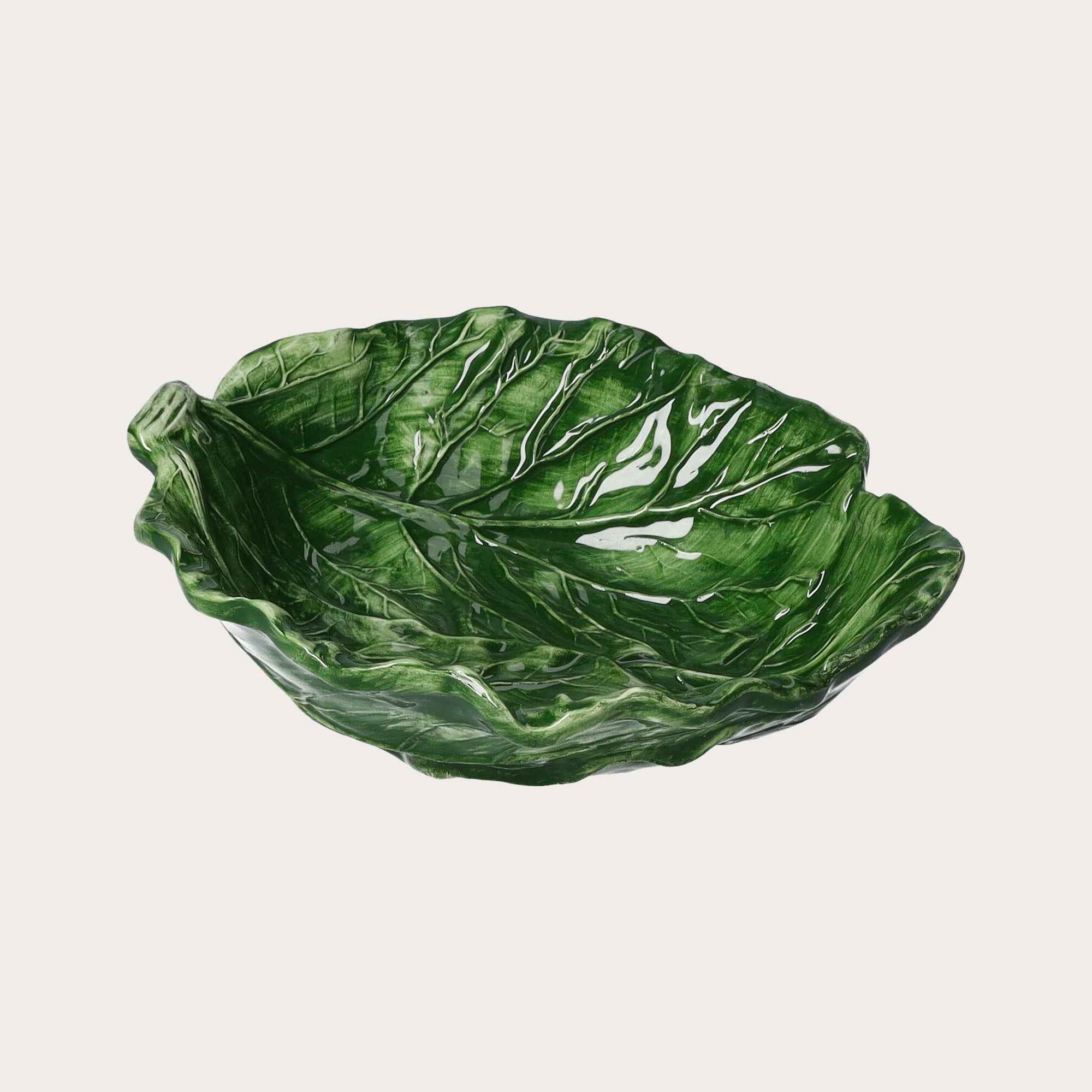Set 2 pz Insalatiera in Ceramica Verde a Forma di Foglia di Verza - Made in Italy