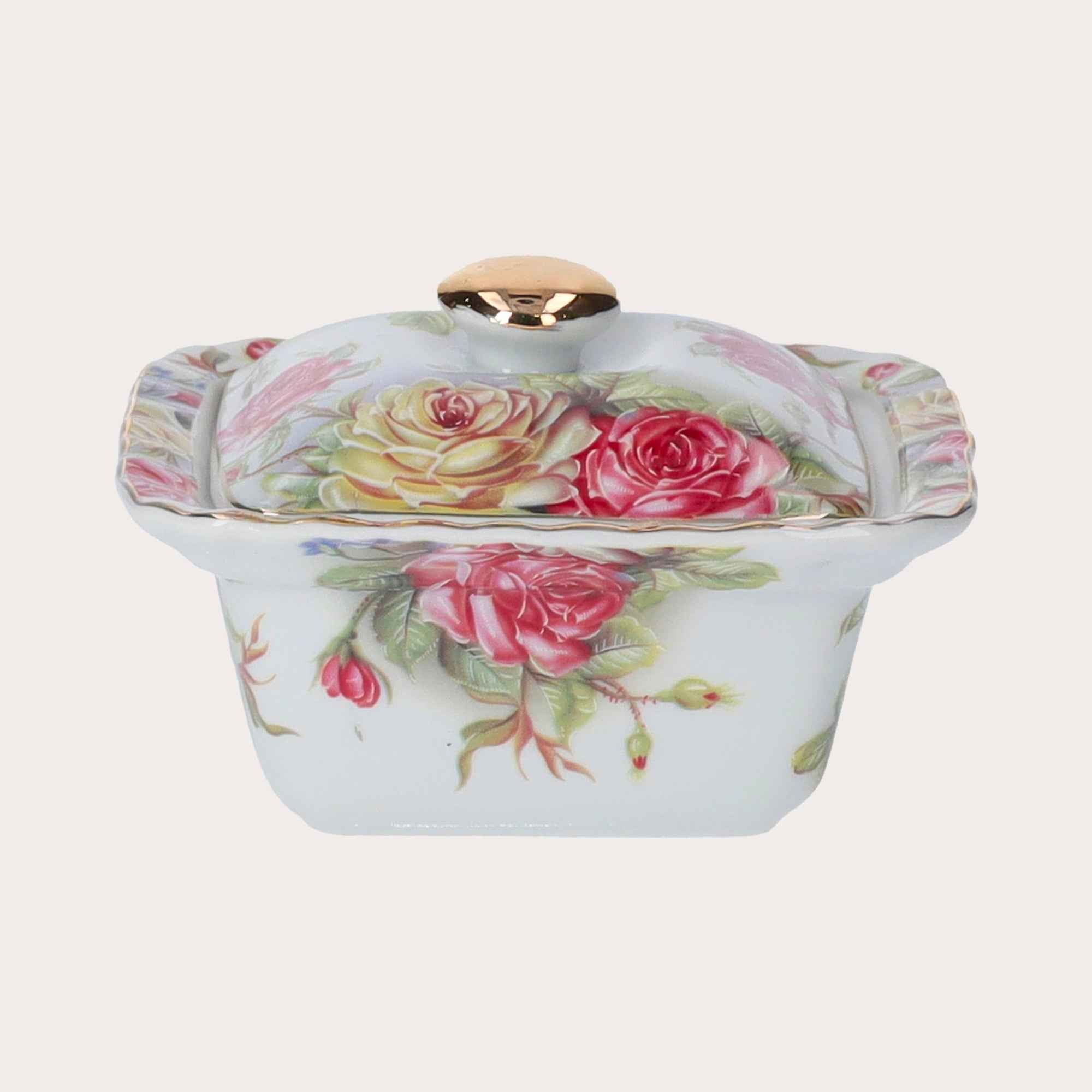Porzellandose mit Rosen und goldenem Deckel – KeyHome Store
