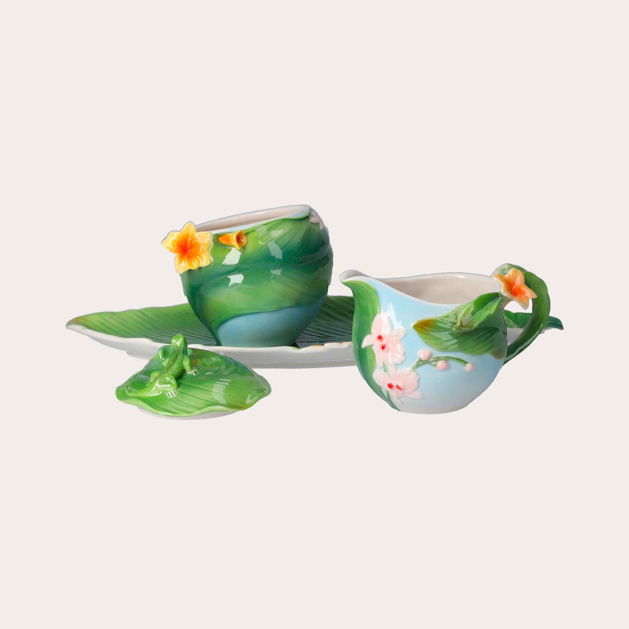 Set Zuccheriera e Lattiera in Porcellana Decorata con Vassoio – Design Floreale