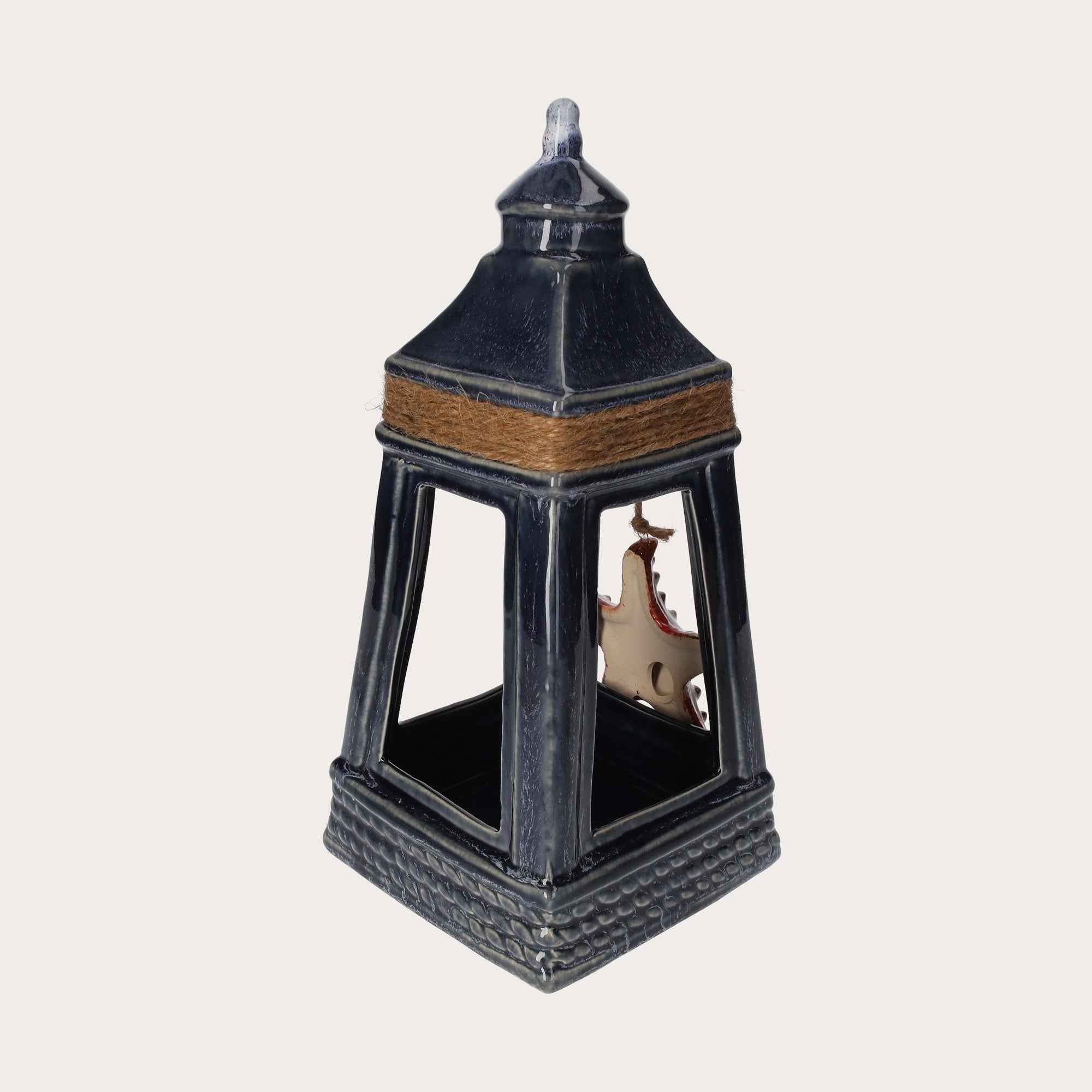 Lanterna in Ceramica Blu con Stella Marina – Decorazione da Mare per Casa e Giardino