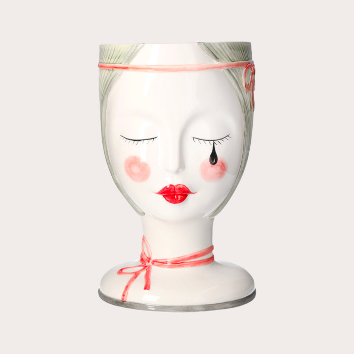 Vaso Testa Donna "Naif" Triste in Ceramica Dipinta a Mano