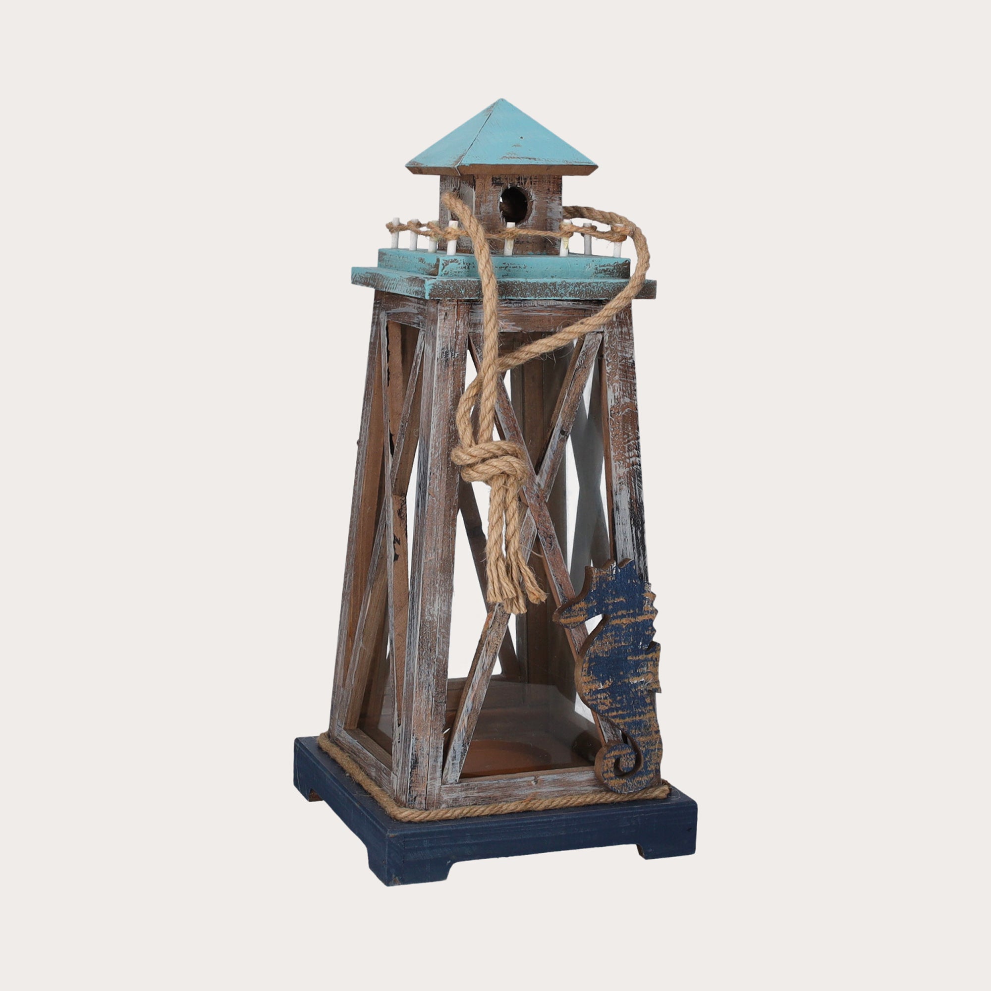 Brown Wooden Lantern with Glass and Blue Dome